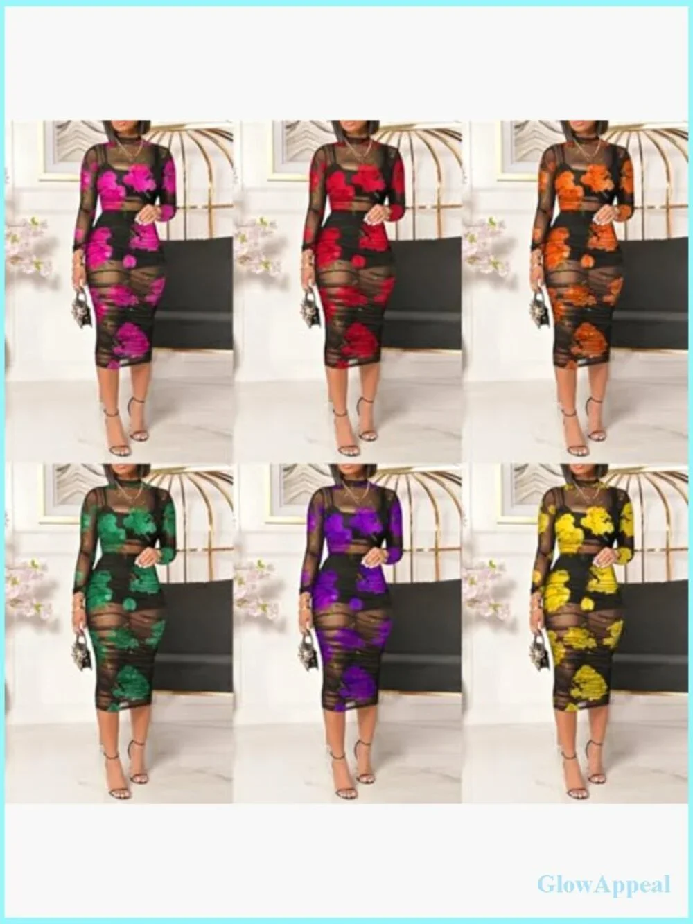 Sheer Mesh Bodycon Midi Dress Long Sleeve 3 Piece Outfit Set Floral